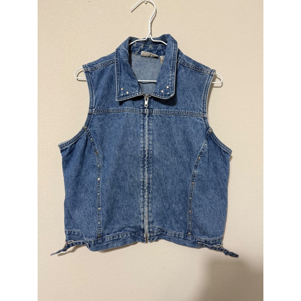 Vintage Y2K Faded Glory Denim Vest Womens Large Studded Collar Adjustable 90s